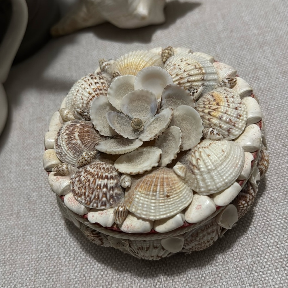 Vintage Sea Shell Trinket Box-Velvet Lined-Aprox 4in Diameter